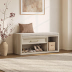 SICOTAS Shoe Bench with Storage, Farmhouse 43.3" Extra Wide Entryway Bench with Cushion, Drawer & Tall Boot Shelf, 18.9" Comfort Height Seat, Large Shoe Organizer for Hallway Bedroom, Grey White Oak