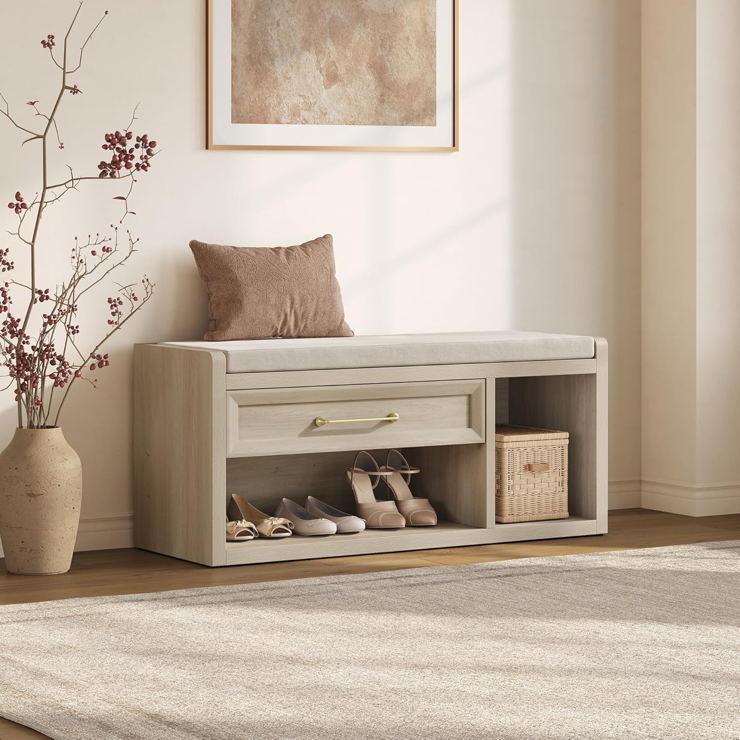 SICOTAS Shoe Bench with Storage, Farmhouse 43.3" Extra Wide Entryway Bench with Cushion, Drawer & Tall Boot Shelf, 18.9" Comfort Height Seat, Large Shoe Organizer for Hallway Bedroom, Grey White Oak