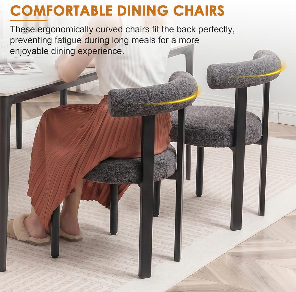 Boucle Dining Chairs Set of 4 Kitchen & Dining Room Chairs(Gray) | Mid Century Modern Upholstered Dining Chairs with Curved Backrest and Black Metal Legs