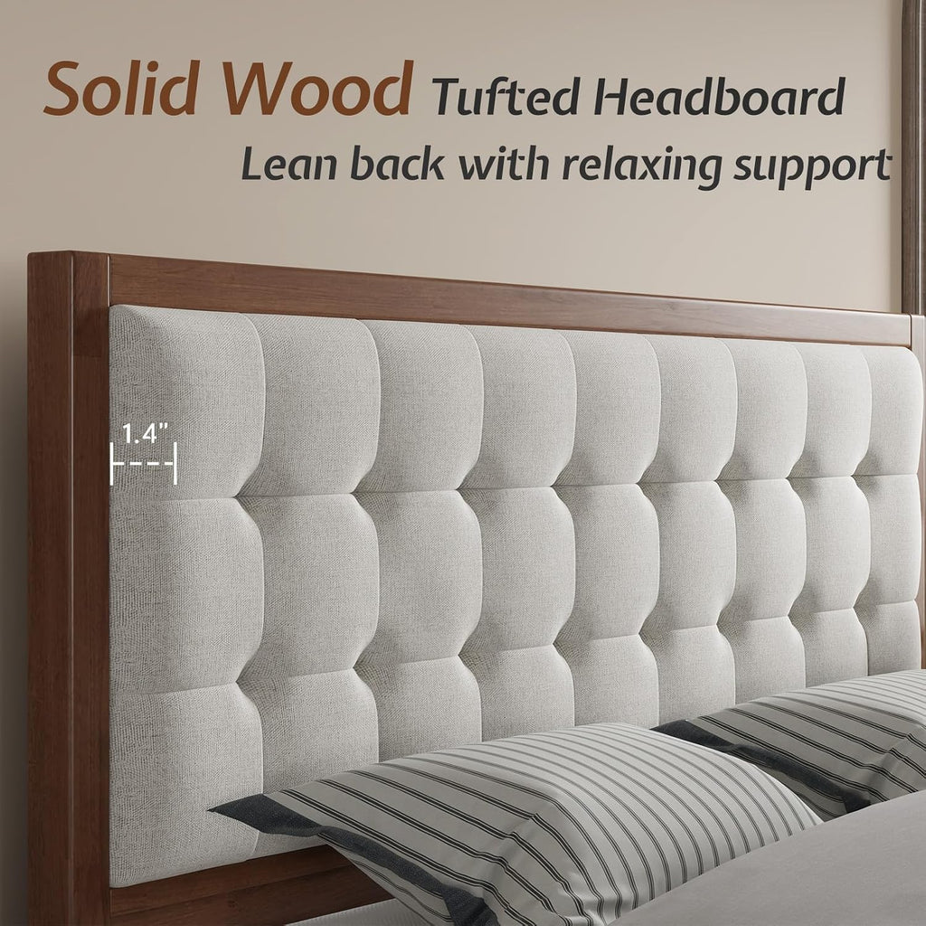 Jocisland Queen Bed Frame Solid Wood,50" Tall Upholstered Headboard,Walnut