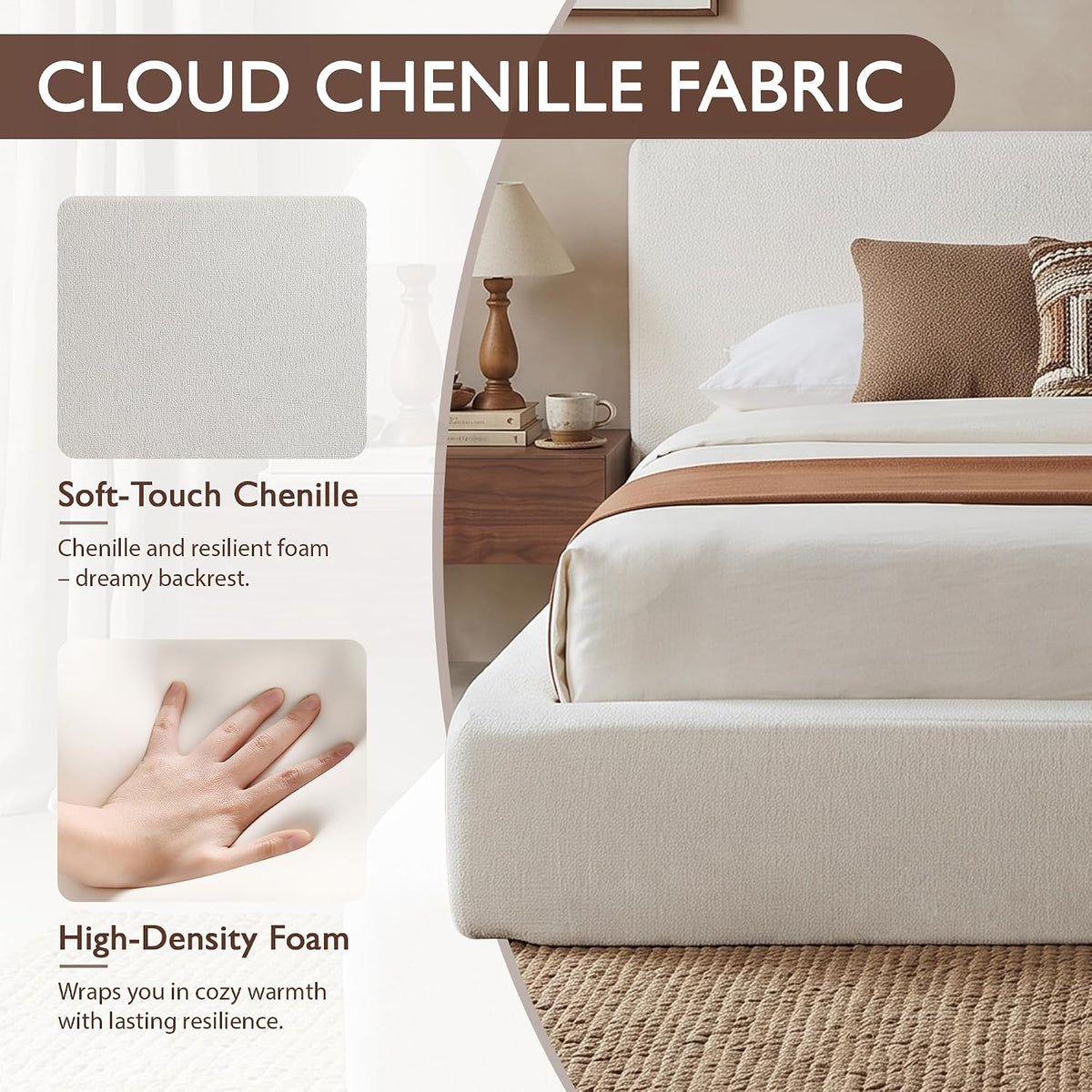 DNYN Queen Cloud Bed Frame with Cushion Headboard and 360° Foam Surround