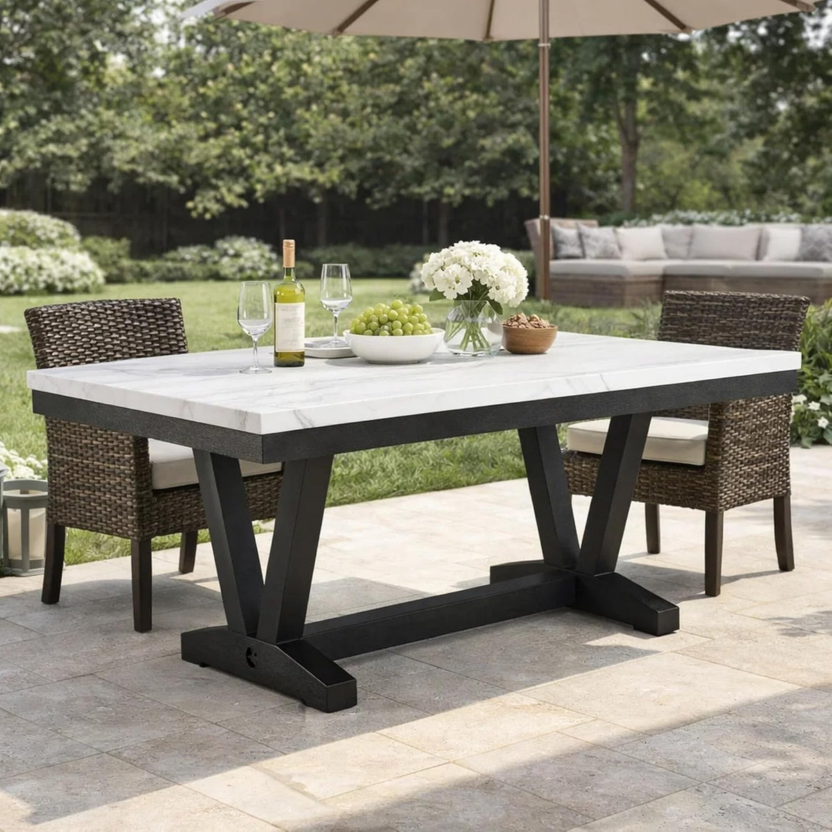 Benzara Vinz Dining Table, 72 Inch White Faux Marble Top, Black Trestle Base