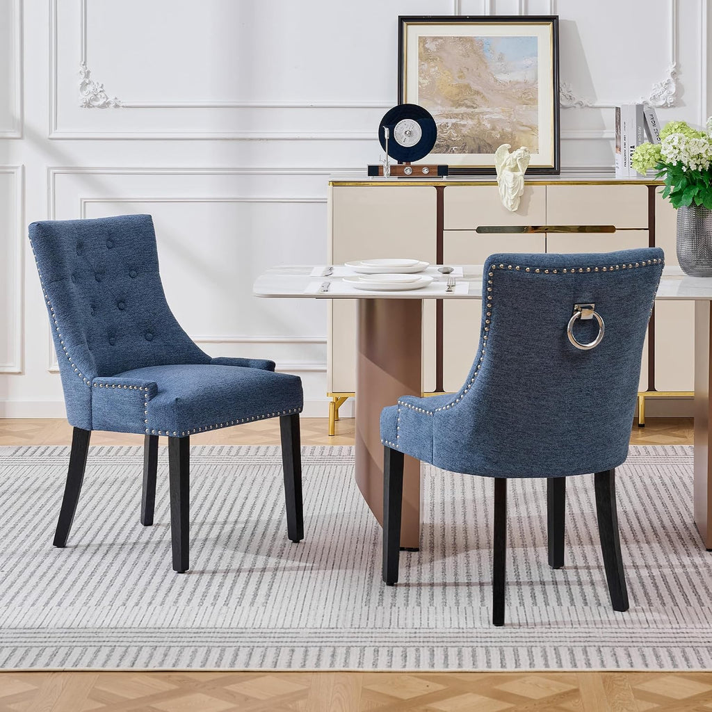 adochr Dining Chairs Set of 6, Upholstered Fabric Dining Room Chairs with Nailhead High Back & Ring Pull & Wooden Legs, Mid-Century Modern Kitchen Chairs for Restaurant, Living Room, Navy Blue
