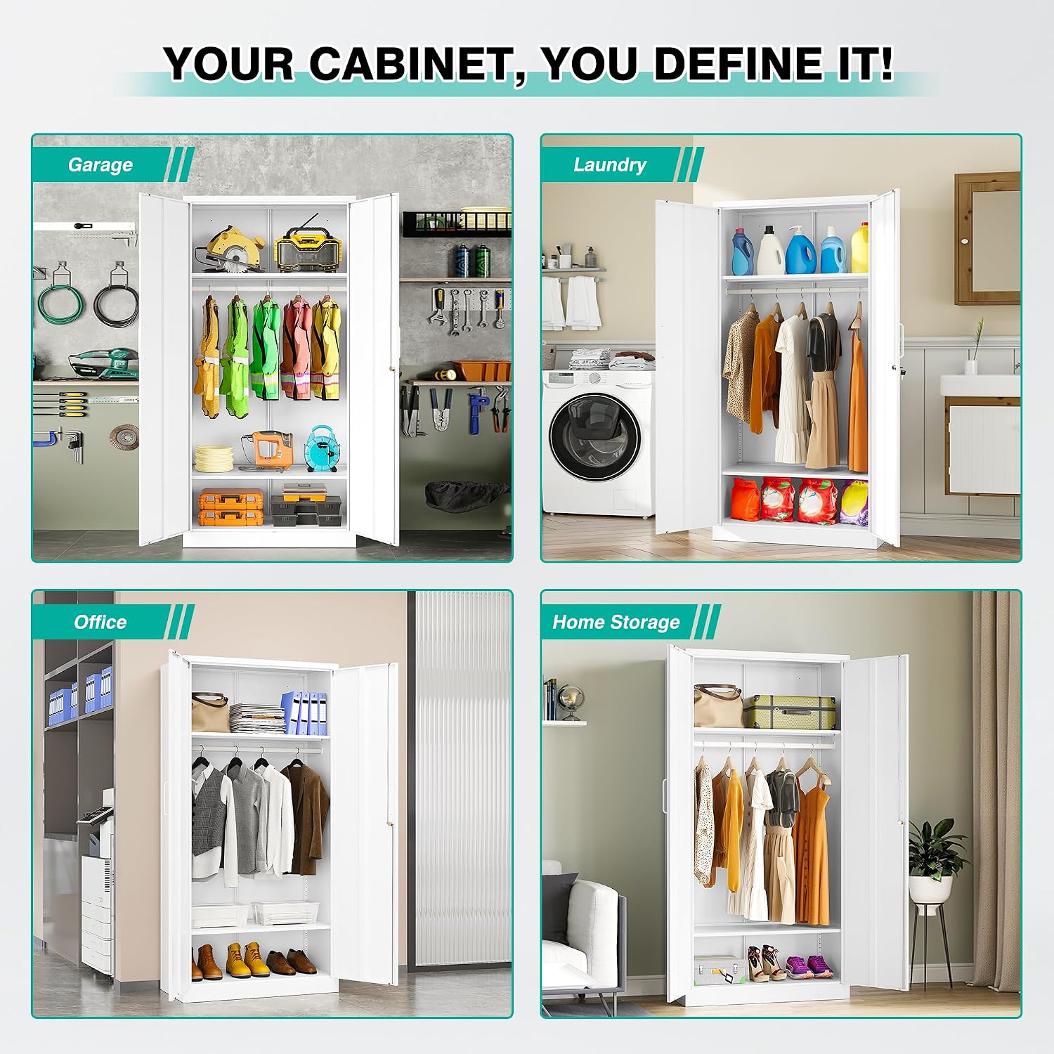 Metal Wardrobe Cabinet with Hanging Rod & Lock,White Armoire Wardrobe Closet,Metal Clothing Storage Cabinet with Adjustable Shelves and Doors,72" Armoire Storage Cabinets for Home,Living/Laundry Room