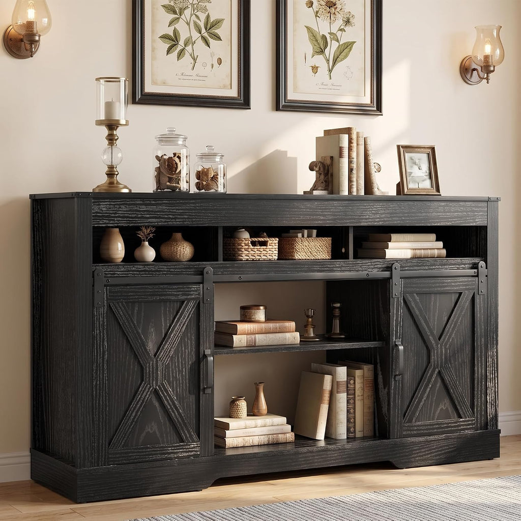 RoyalCraft Farmhouse TV Stand for 65+ Inch TV, Tall Entertainment Center | with Storage Cabinets and Sliding Barn Doors, Mid Century Modern Media TV Console Table for Living Room (Black)