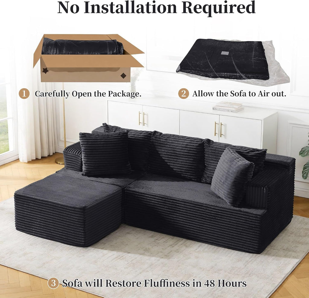 Korser Cloud Modular Sectional Sofa with L-Shaped, Couches for Living Room, Fluffy Comfy Corduroy Deep Seat with Ottoman, Bedroom, Apartment, No Assembly Required