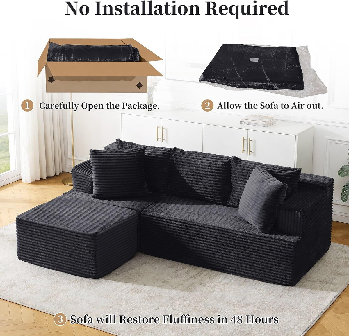 Korser Cloud Modular Sectional Sofa with L-Shaped, Couches for Living Room, Fluffy Comfy Corduroy Deep Seat with Ottoman, Bedroom, Apartment, No Assembly Required