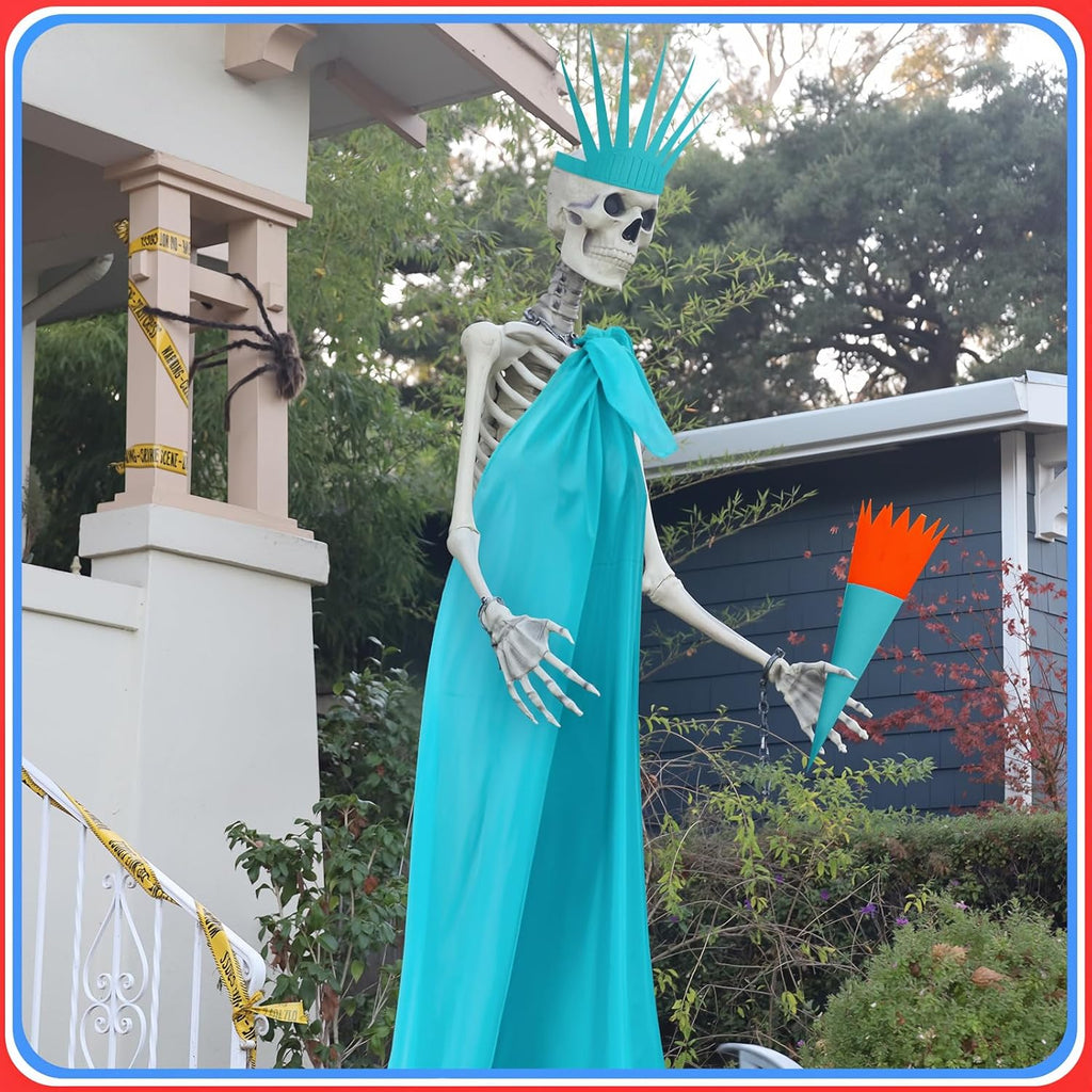 3 Pcs 12 ft Skeleton Accessories Skeleton Statue of Liberty Costume Kit with Crown and Torch Outfit Set Giant Sized Clothing for Outdoor Garden