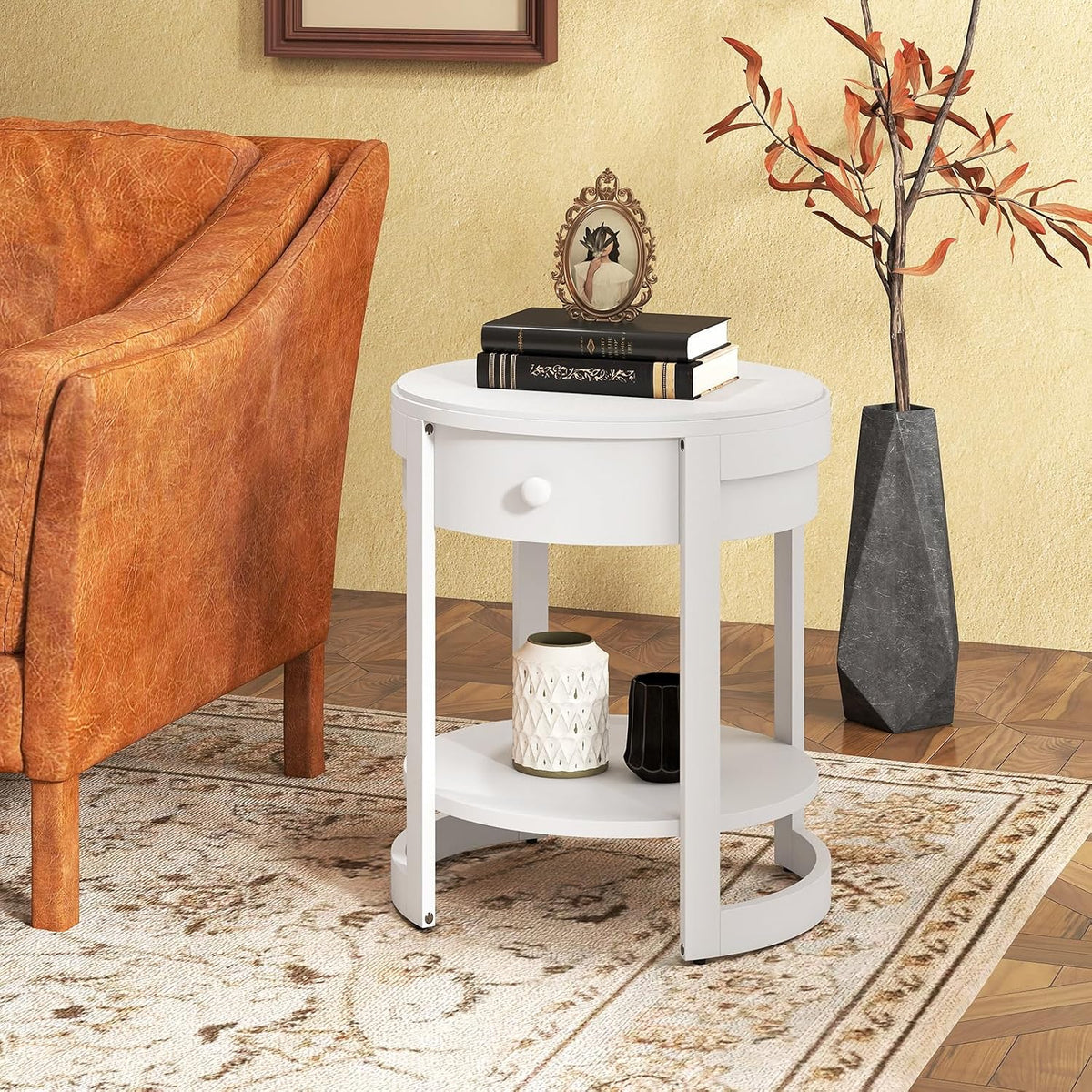 GOFLAME Round Side Table with Drawer, Retro 2-Tier Nightstand with Shelf & Wood Grains, Vintage Wooden Accent Table, Mid-Century Modern End Tables for Living Room, Bedroom, White