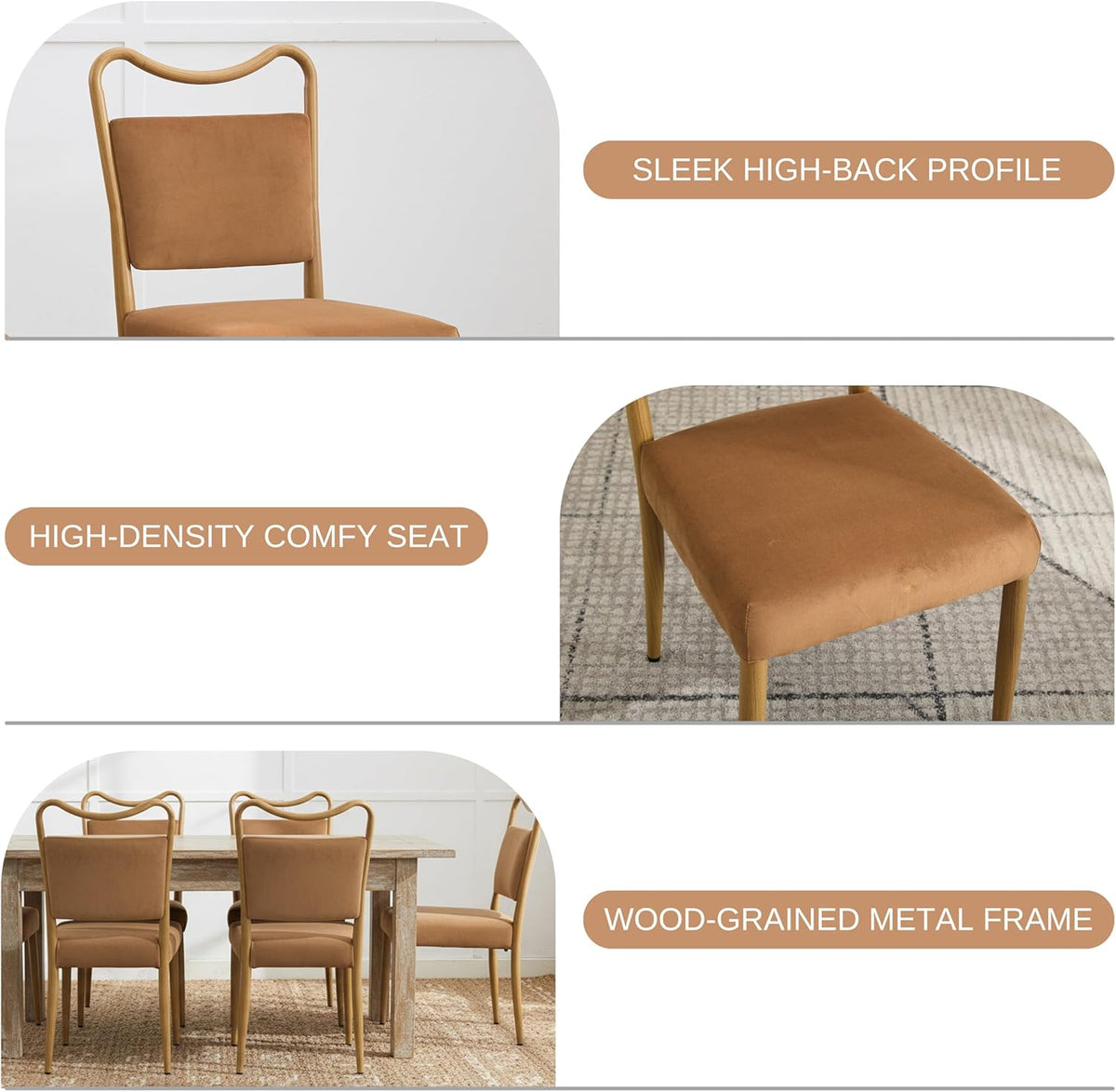 Velvet Dining Chairs Set of 4, Upholstered Dining Chairs with Wood Grained Metal Frame, Mid Century Modern Velvet Chairs for Dining Room, Kitchen and Restaurant,Velvet Brown