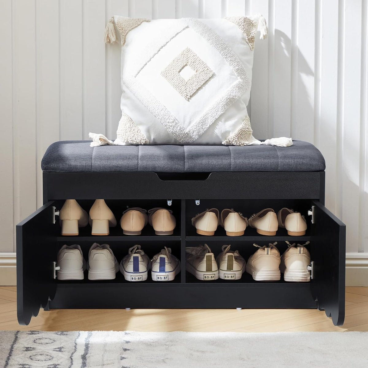 ORRD Shoe Storage Bench with Cushion, Entryway Shoe Cabinet Bench with 2 Scalloped Doors & Adjustable Shelf, 2-Tier Shoe Rack Organizer Cabine for Entryway, Hallway, Living Room (Black)