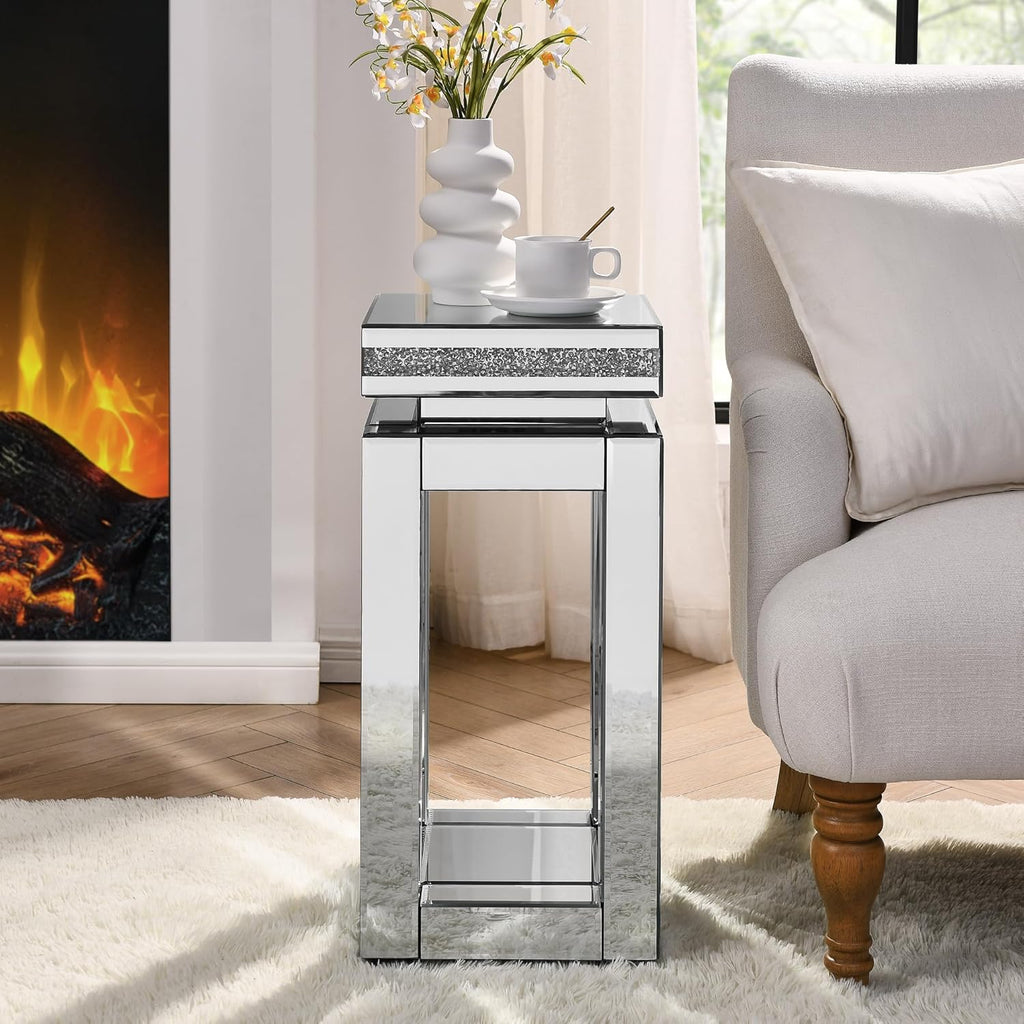 Mirrored End Table Modern 2 Layer 11.8inch Glass Sofa Side Table with Crystal Inlay Square Glass Top, for Living Room, Bedroom and Small Spaces, Silver (1, Square)