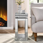 Silver Mirrored Side Table with Crystal Inlay for Small Spaces, Luxury Modern Small Mirrored Bedside Table Nightstand End Table for Living Room Bedroom Home Office (C)