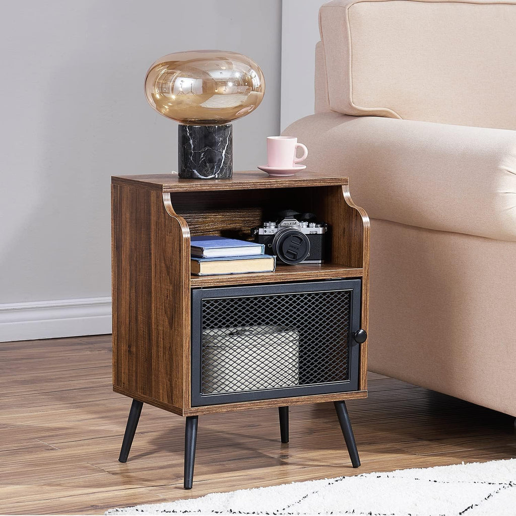 VECELO Modern Nightstand Set of 1, End Table with Storage Cabinet, Industrial Night Stand with Open Drawer Shelf for Living Room, Bedroom, Brown