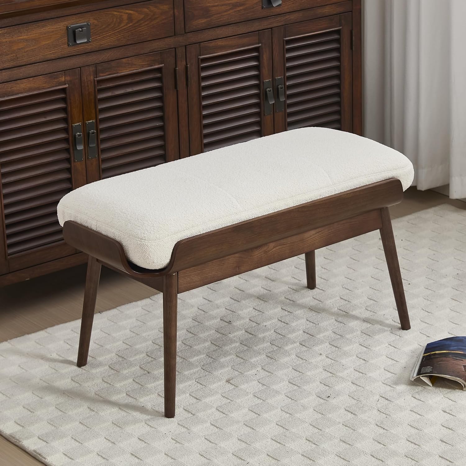 BFZ 37.4" Bedroom Bench End of Bed Bench, Dining Bench with Padded Seat and Walnut Wood Frame, Upholstered Fabric Window Ottoman Bench for Entryway Hallway, Living Room