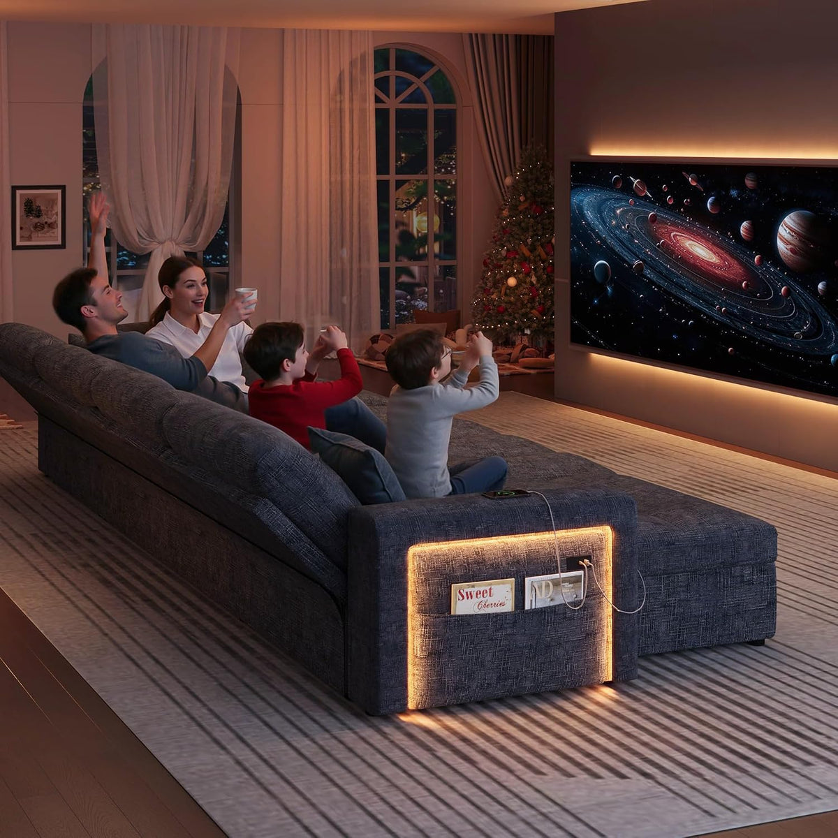 107'' LED U-Shaped Sectional Couch for Living Room, Sleeper Sofa Bed, Grey | Comfy Chenille Cloud Couch, Pull Out Bed, Storage Chaise, 5-level Adjustable Backrest, USB Charging, 2 Pillow,1100LB Capacity