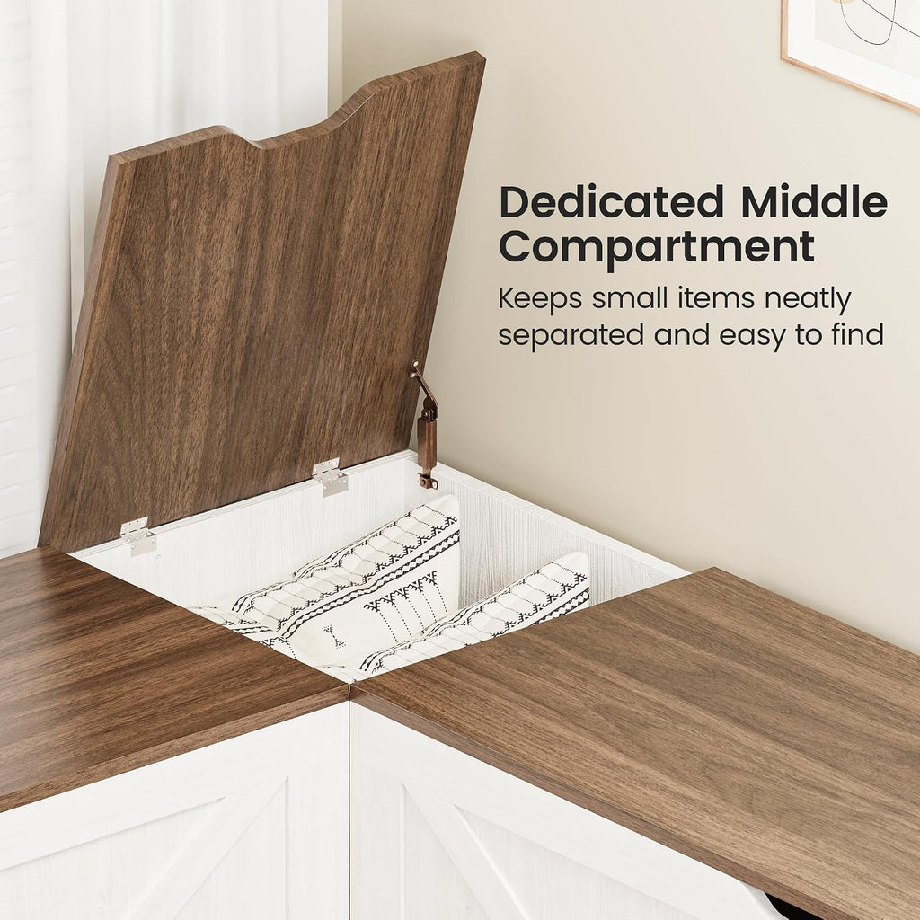 L Shaped Storage Bench, 63" Corner Bench with Storage, Breakfast Nook Bench with 3 Hidden Flip-Top Compartments, Backless Dining Bench for Kitchen, Entryway, Dining Room, Walnut White