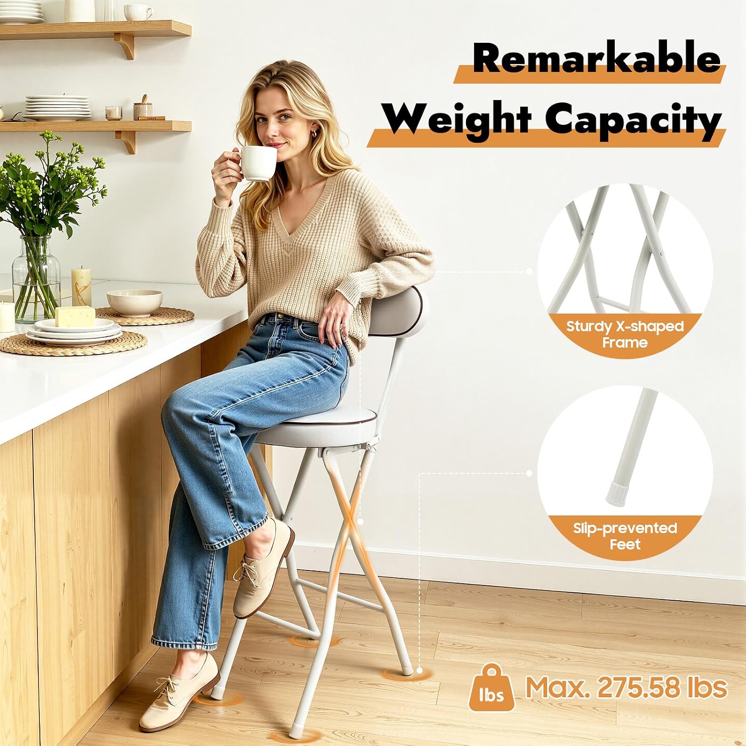 2PCS Folding Stool Cushioned Padded Folding Stool with 275.6lbs Capacity Foldable Bar Stool Portable Stool Chair with Back for Kitchen Living Room Garden Camping Fishing (White)