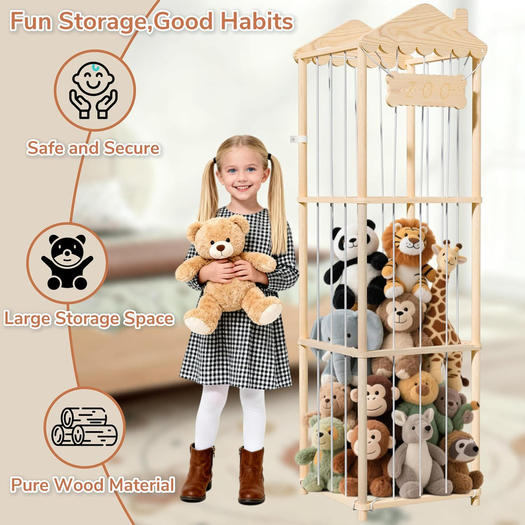 AMBIRD Stuffed Animal Storage, Wood Stuffed Animal Zoo Holder, Large Kids Toy Organizers, Plushies Storage for Boys Girls Bedroom, Playroom, Nursery (15.75 x 15.75 x 55 inch)