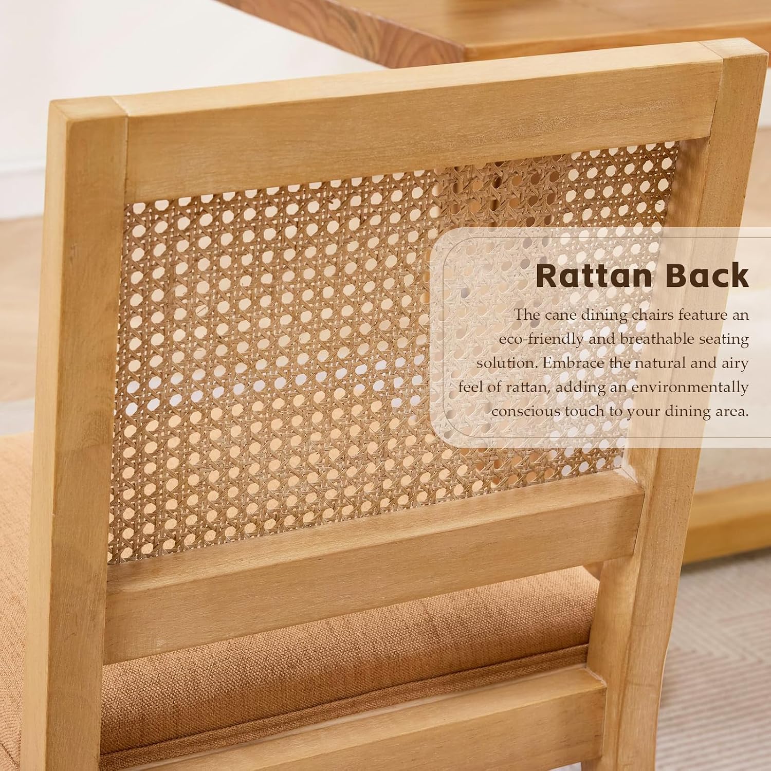 Rattan Dining Chairs Set of 4, French Country Cane Back Upholstered Kitchen Chairs, Solid Wood Farmhouse Side Chairs, Brown
