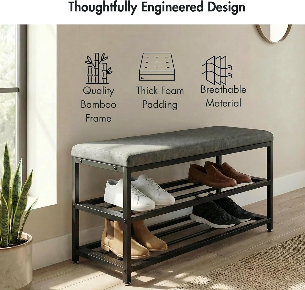 Luxe L 100% Faux Fur Shoe Storage Bench for Entryway, Compact Bench with Multi-Tier Shoe Rack, Space-Saving Small Entryway Bench with Storage Shelf, Ideal for Living Room, Hallway - Charcoal