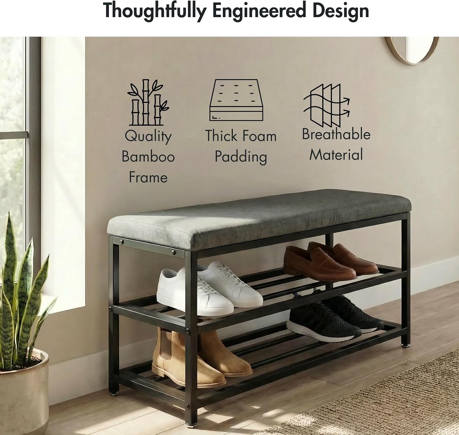 Luxe L 100% Faux Fur Shoe Storage Bench for Entryway, Compact Bench with Multi-Tier Shoe Rack, Space-Saving Small Entryway Bench with Storage Shelf, Ideal for Living Room, Hallway - Charcoal