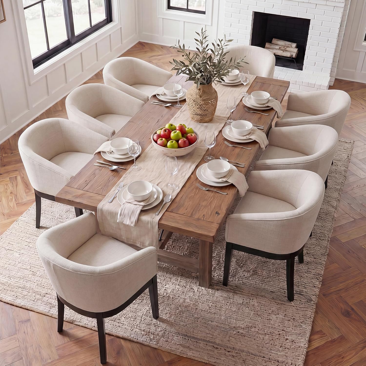 HNY Barrel Dining Chairs Set of 8, Mid Century Modern Upholstered Dining Chairs with Arms, Linen Kitchen & Dining Room Chairs, Solid Wood Frame Accent Chairs for Kitchen, Apartment, Cream