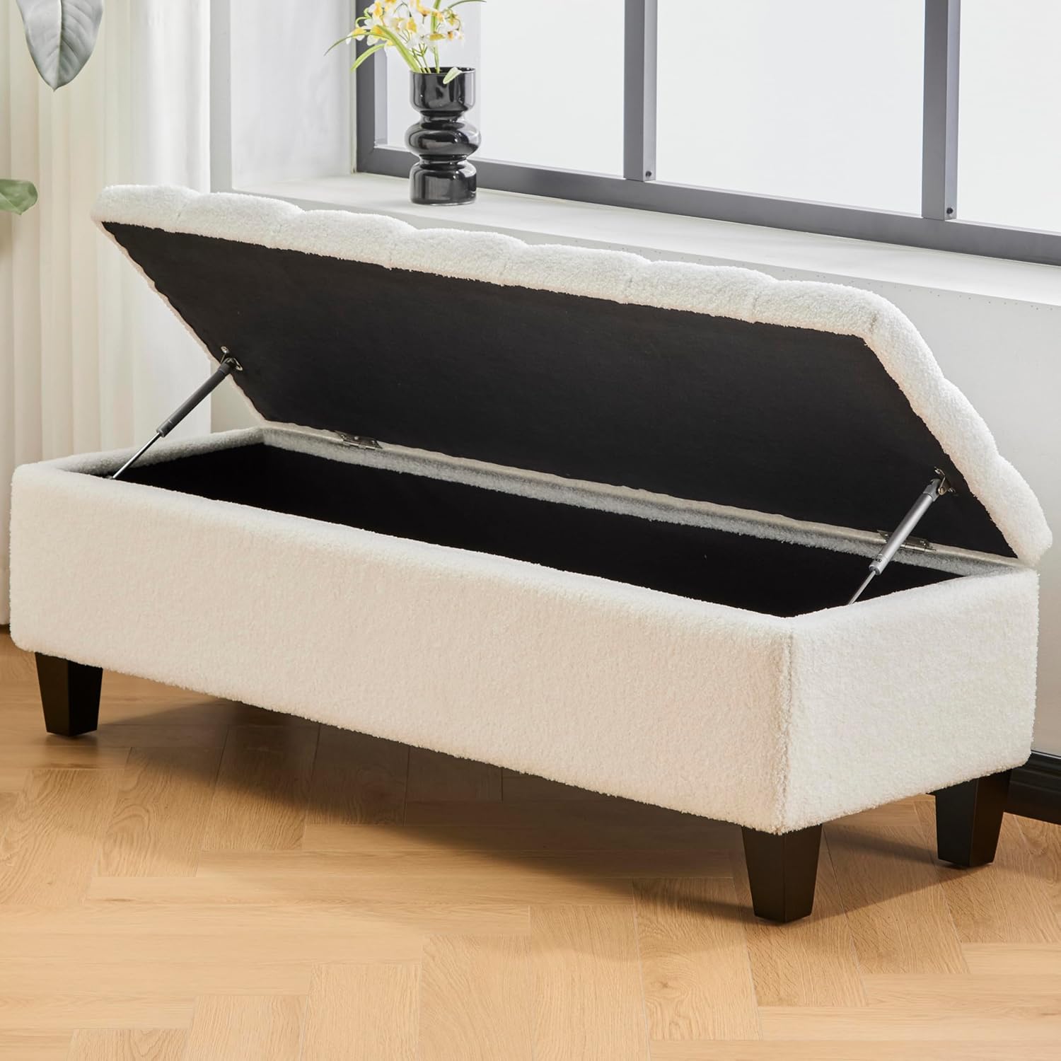 Ottoman Bench with Storage - Beige Storage Bench End of Bed with Safety Hinges, Tufted Ottoman for Living, Dining Room, Entryway and Hallway
