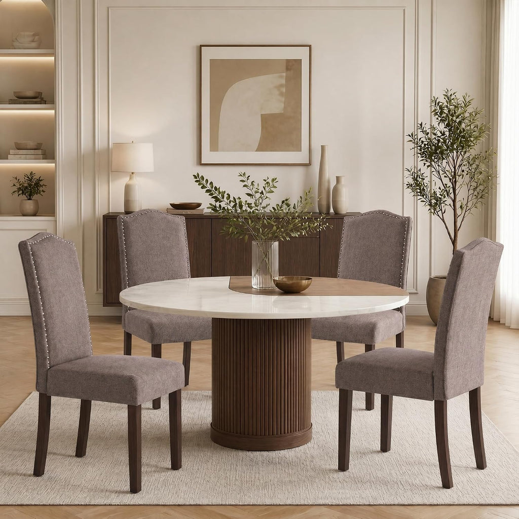 Upholstered Dining Chair Modern Stylish Kitchen Diner Fabric Set of 4 | Fabric Silver Nailhead Trim & Wood Legs, High Back, Living Room Restaurant Farmhouse Cafe, Mid Century Accent