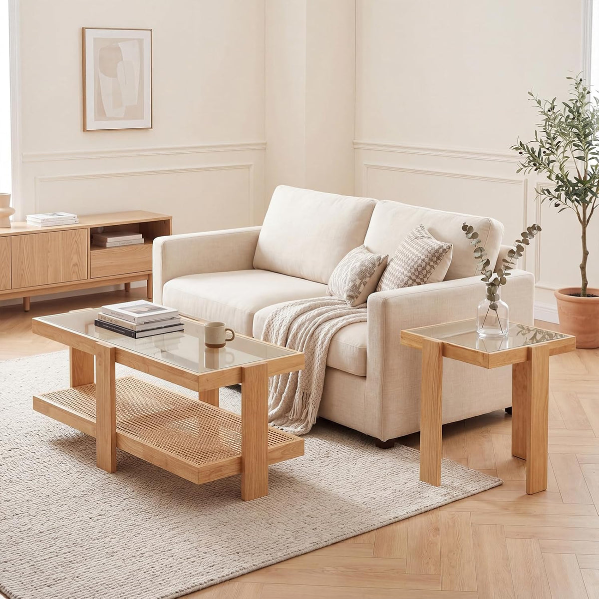 Giantex Nesting Coffee Table Set of 2, Boho Rattan Accent Table with Tempered Glass Top & Solid Rubber Wood Frame, Modern Rectangular Center Table for Living Room, Natural