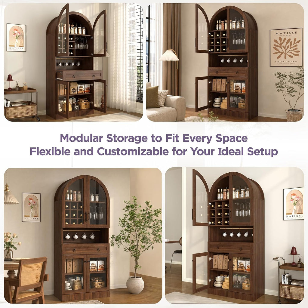 Merax 70" Tall Arched Farmhouse Pantry Cabinet with Glass Doors, Walnut | Mid-Century Kitchen Storage Cupboard with 9 Wine Racks, Adjustable Shelf, and Large Drawer for Coffee Bar, Liquor Storage