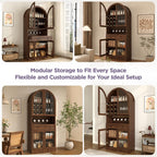 Merax 70" Tall Arched Farmhouse Pantry Cabinet with Glass Doors, Walnut | Mid-Century Kitchen Storage Cupboard with 9 Wine Racks, Adjustable Shelf, and Large Drawer for Coffee Bar, Liquor Storage