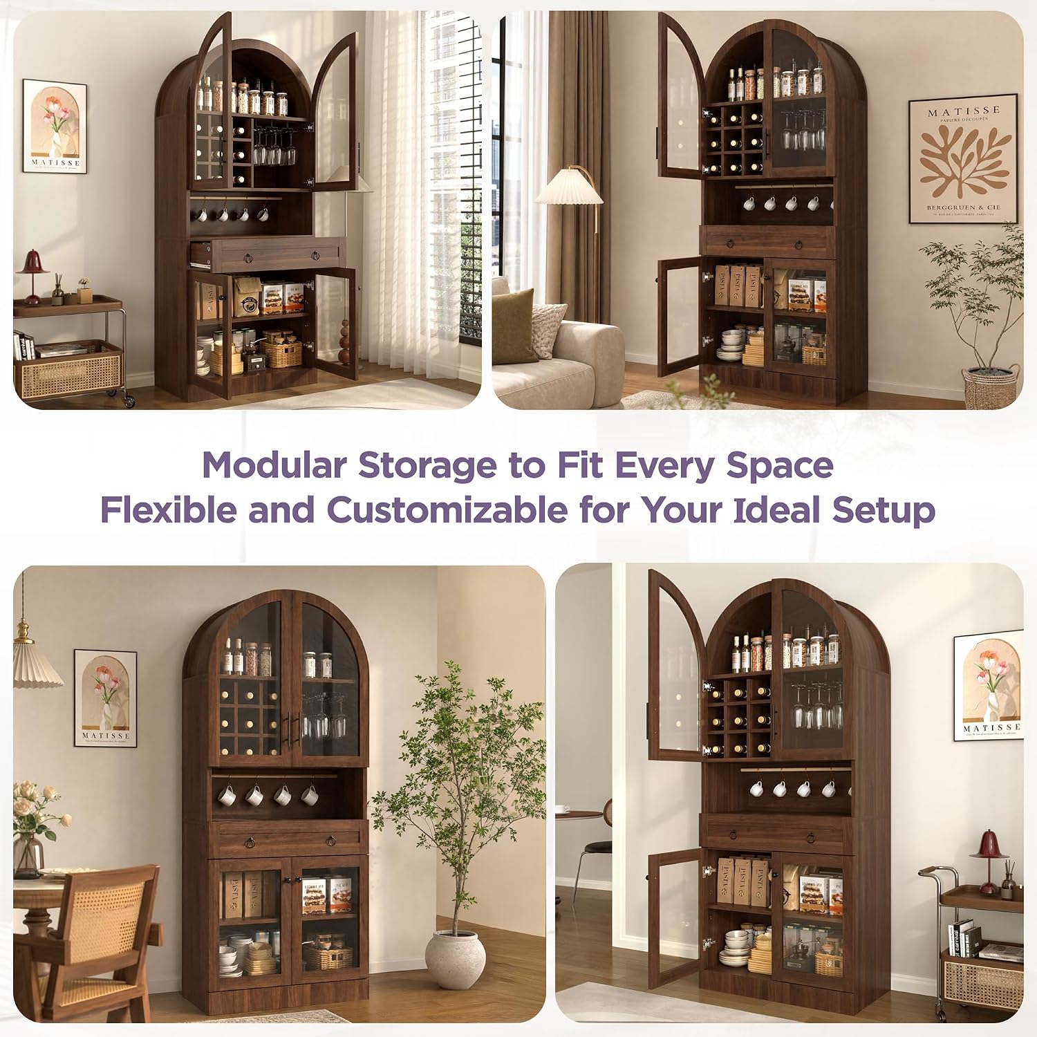 Merax 70" Tall Arched Farmhouse Pantry Cabinet with Glass Doors, Walnut | Mid-Century Kitchen Storage Cupboard with 9 Wine Racks, Adjustable Shelf, and Large Drawer for Coffee Bar, Liquor Storage