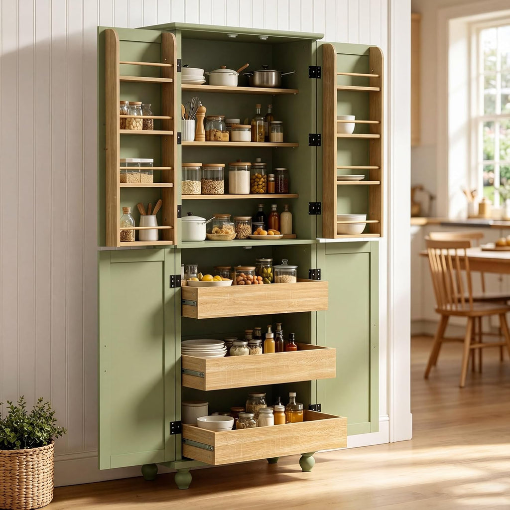 Scurrty Kitchen Pantry Cabinet, 69'' Pantry Storage Cabinet with 4 Doors and Shelves, Farmhouse Kitchen Cabinet with 3 Drawers, Freestanding Wooden Cupboard for Living Room and Dinning Room (Green)