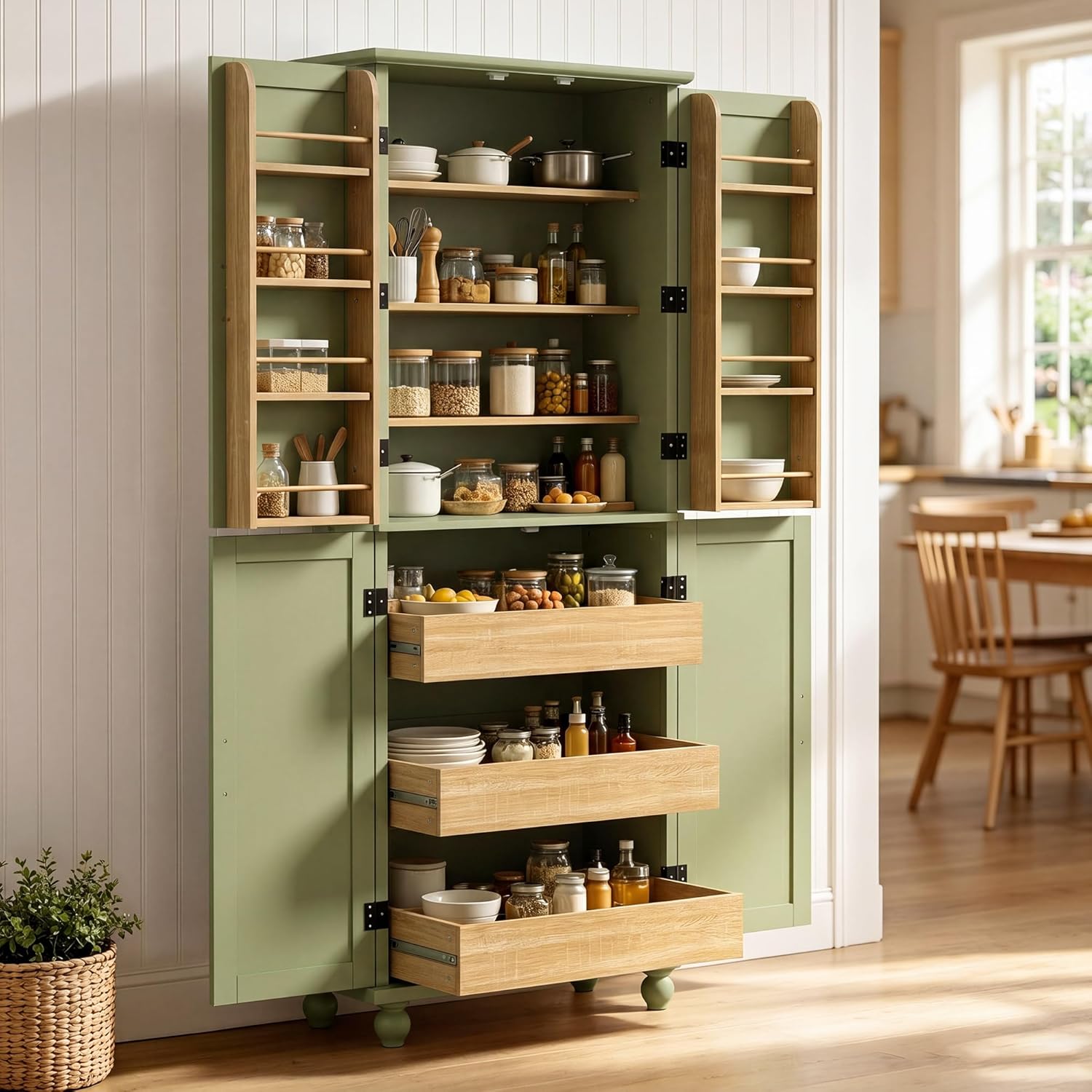 Scurrty Kitchen Pantry Cabinet, 69'' Pantry Storage Cabinet with 4 Doors and Shelves, Farmhouse Kitchen Cabinet with 3 Drawers, Freestanding Wooden Cupboard for Living Room and Dinning Room (Green)