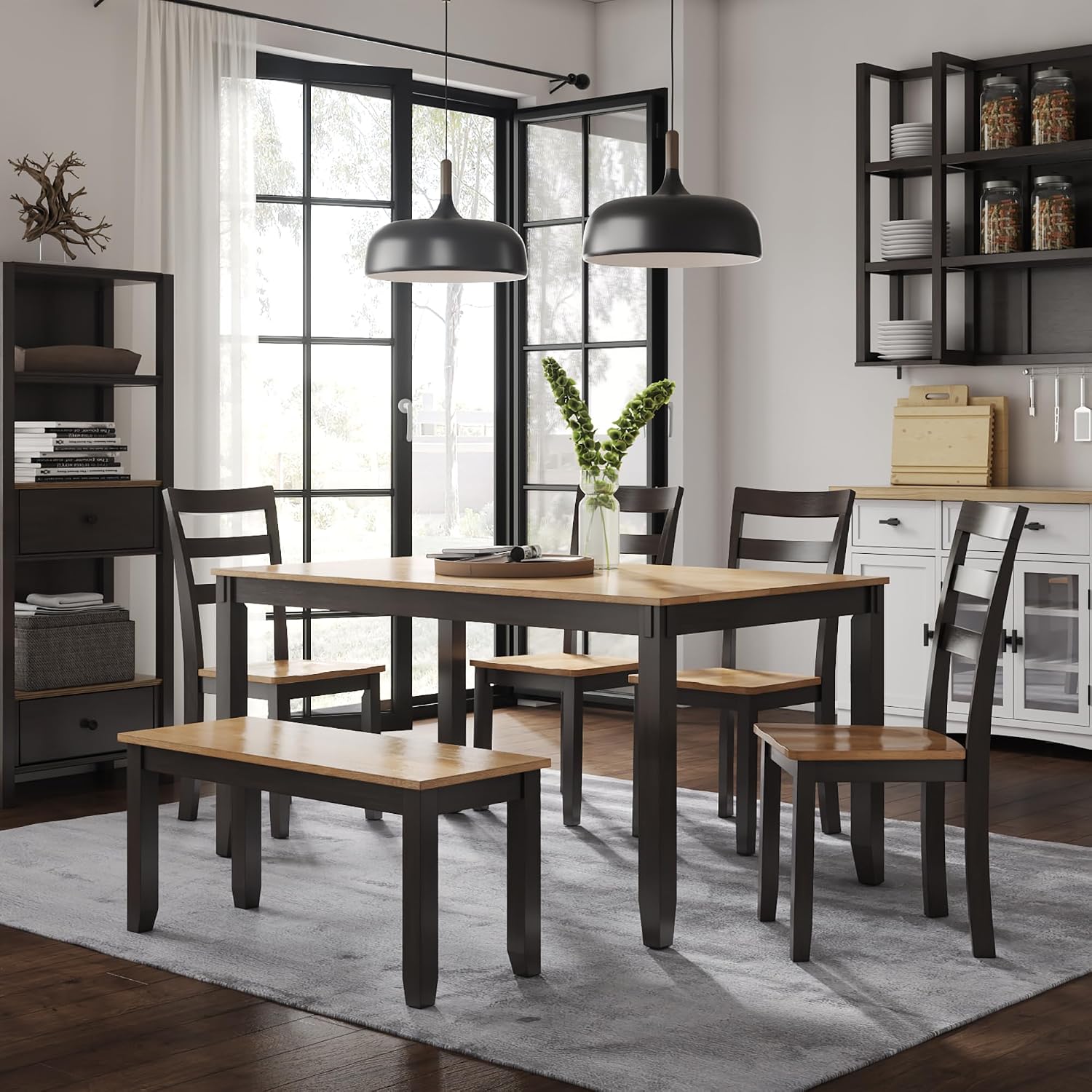 Signature Design by Ashley Gesthaven 6-Piece Dining Table Set with Bench | Two-tone casual style, Durable mango veneer top, Includes 4 ladderback chairs & 1 space-saving under-table bench