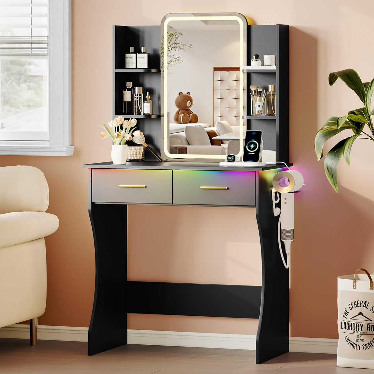 Xixini Vanity Desk with LED Lights Mirror & Power Outlet, Small Makeup Vanity Table Set with Storage Drawers, 3 Lighting Modes & Adjustable Brightness, Dressing Table for Women Girls Bedroom, Black