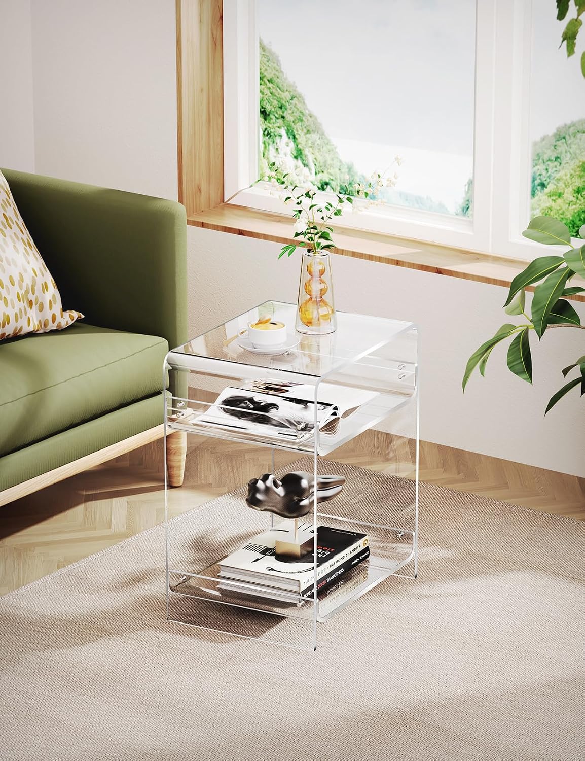 Acrylic End Table Record Player Table with Storage Shelf Clear Side Table Nightstand (15.7x19.7x11.8) (Clear)