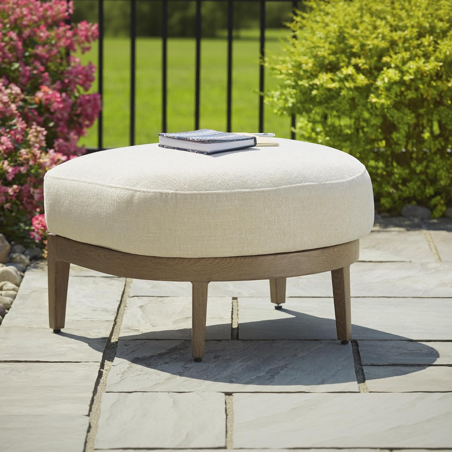 Signature Design by Ashley Serene Bay Outdoor Ottoman, Wood-Look Powder Coated Aluminum Frame, Nuvella+ Cushion for Patio, Deck or Poolside Easy-Breezy Living