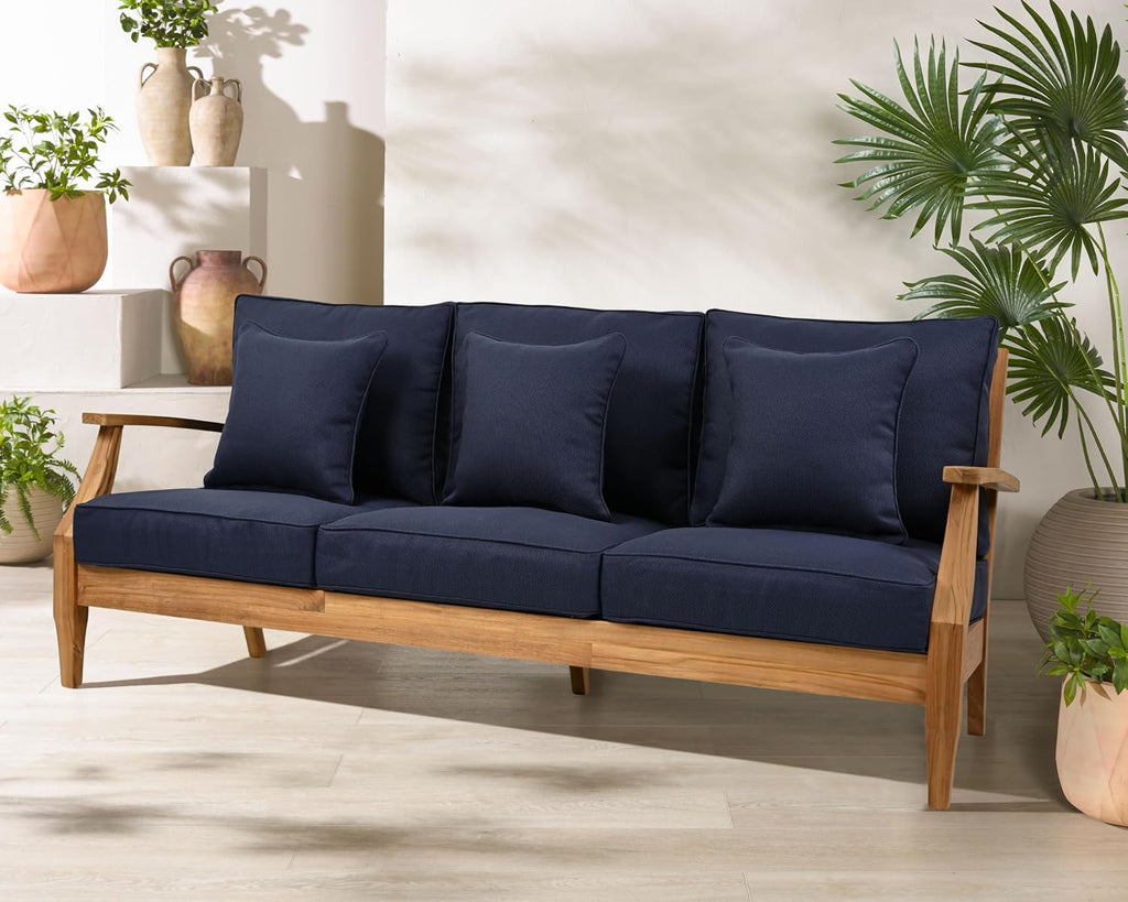 SAFAVIEH Couture Outdoor - Martinique 3-Seat Sofa - Natural & Navy - Teak Wood - Slatted Coastal Design - Ideal for Patio, Deck, Porch, Backyard, 18.3" Seat Height (CPT1013J)