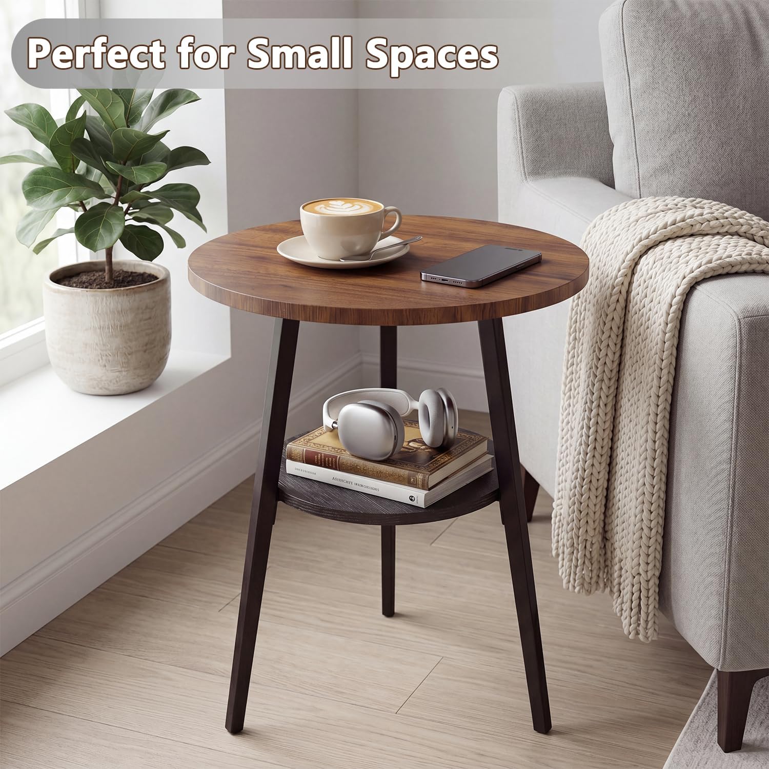 Round End Table, 2-Tier Side Table with Storage Shelf for Small Spaces, Nightstand for Living Room, Bedroom, Metal Frame & Wood Top, Walnut