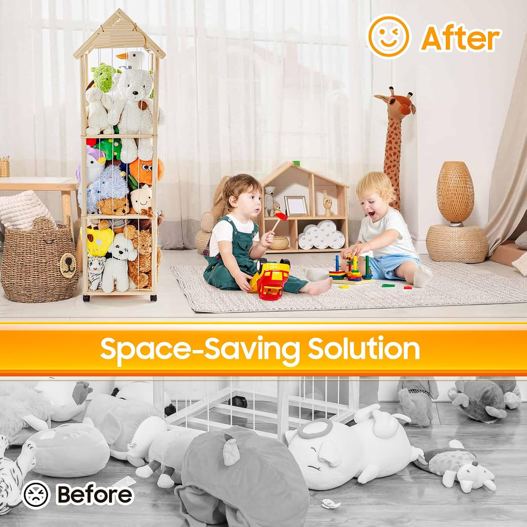Stuffed Animal Storage, Stuff Animal Holder Organizer Display Shelf | Wooden Zoo Stuffed Animals Storage with Length Adjustable,360° Swivel Wheels Stuffed Animal Storage for Living Room Bedroom