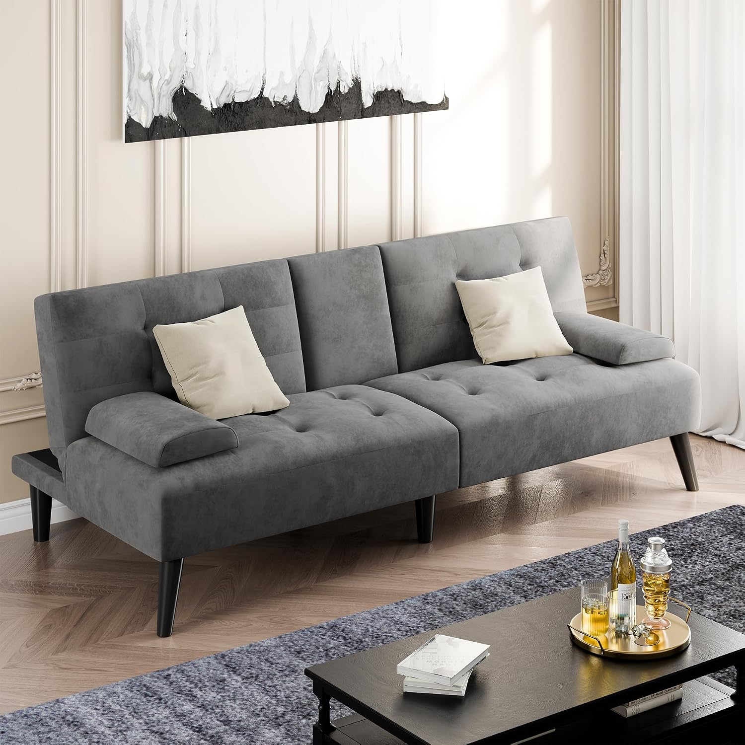 Shintenchi 64" Futon Sofa Bed, Velvet Foldable Couch, Upholstered Loveseat Sofa Couch with Folding Cup Holders, Reclining Sleeper with Removable Armrests for Home, Office, Dark Grey