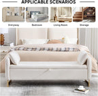 Storage Bench for Bedroom, 65 Inch End of Bed Storage Bench Cream | Chenille End of Bed Bench King Size Tufted Upholstered and Gold Legs, Bedroom Bench with Storage, Arms, 2 Pillows, for Window