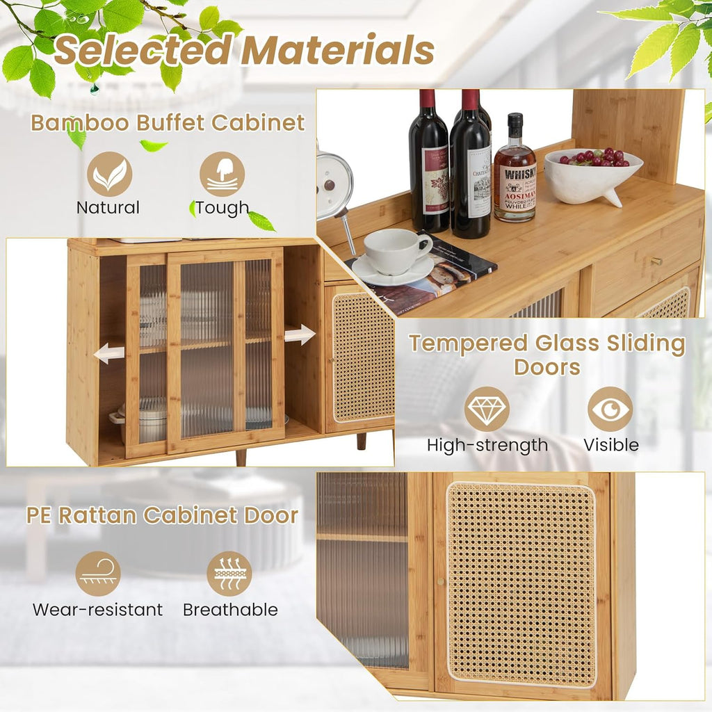 67" Tall Kitchen Pantry Storage Cabinet, Bamboo Hutch Cabinet with Microwave Shelf, Drawer, Tempered Glass/Rattan Doors, Wine Glass Holder, Freestanding Buffet Cupboard for Dining Room