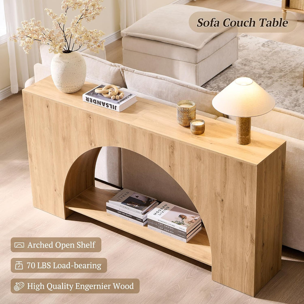 IFGET 63" Arched Console Table, 2-Tier Modern Entryway Table with Arched Base, Narrow Long Wood Sofa Table Behind Couch Table for Living Room, Hallway, Foyer, Natural