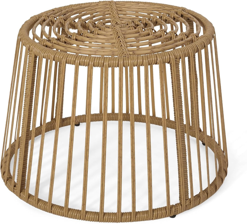 Boho Style Polyethylene Rattan Side Table, Cage Frame Structure with Tightly Wrapped Handcrafted Wicker