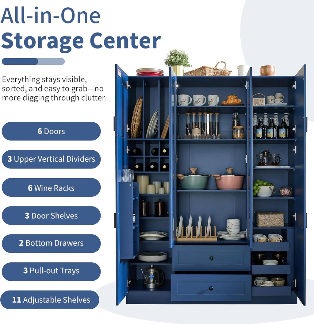 VilroCaz Wood Large Kitchen Pantry with 6 Doors, 53.2''Lx17.7''W Storage Cabinet Cupboard with Drawers, Adjustable Shelves, Pull-Out Trays and Wine Rack for Dining Room (Blue-4.19)