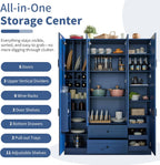 VilroCaz Wood Large Kitchen Pantry with 6 Doors, 53.2''Lx17.7''W Storage Cabinet Cupboard with Drawers, Adjustable Shelves, Pull-Out Trays and Wine Rack for Dining Room (Blue-4.19)