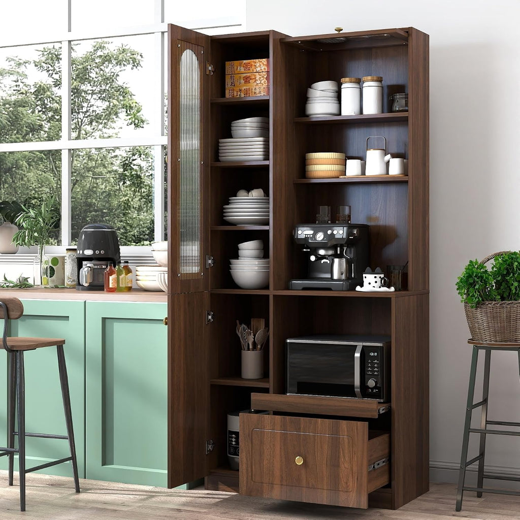 ZeHuoGe Modern Freestanding Kitchen Pantry Cabinet, Multi-Purpose Storage with 7-Layer Pull-Out Shelf, Expandable Pull-Out Organizer with Drawers & Cabinets, for Kitchen, Coffee Bar, Living Room